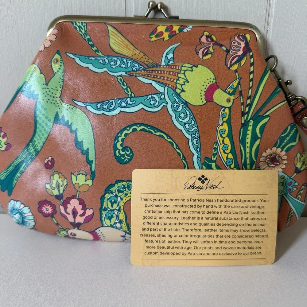 Patricia Nash VTG BIRDS OF PARADISE Colorful Leather Wristlet Clutch Kisslock